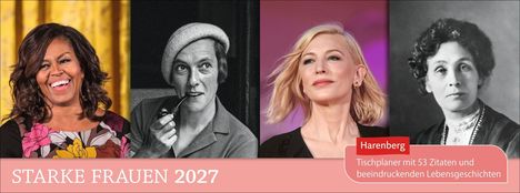 Text: "STARKE FRAUEN 2027", "Harenberg Tischplaner mit 53 Zitaten und beeindruckenden Lebensgeschichten". Vier Frauenporträts.