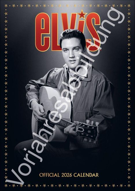 Text: "elvis", "Vorjahresabildung", "OFFICIAL 2026 CALENDAR". Schwarz-Weiß-Foto eines Mannes mit Gitarre.