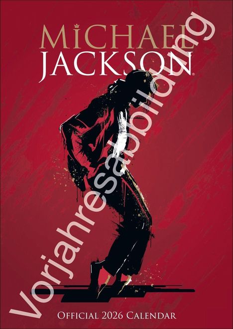 "Michael Jackson" oben und "Official 2026 Calendar" unten. Illustration von tanzender Figur in Rot und Schwarz.