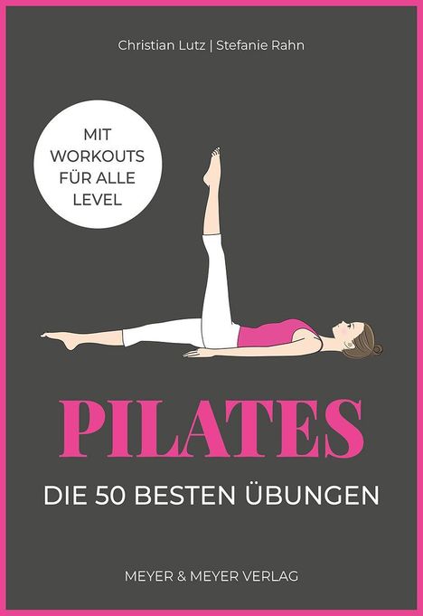 Text oben: "Christian Lutz | Stefanie Rahn". Weißer Kreis: "Mit Workouts für alle Level". Illustration: Frau in Pilates-Position.