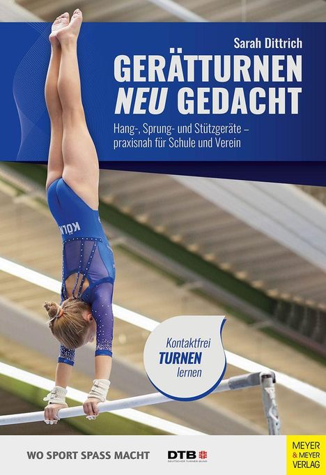 "Gerätturnen neu gedacht" von Sarah Dittrich. Eine Turnerin im Handstand auf einem Turngerät, elegant in Blau gekleidet.