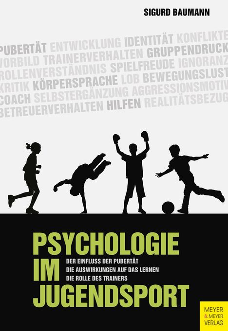 Titel: PSYCHOLOGIE IM JUGENDSPORT. Begriffe wie Pubertät, Entwicklung. Silhouetten von sportlichen Kindern.