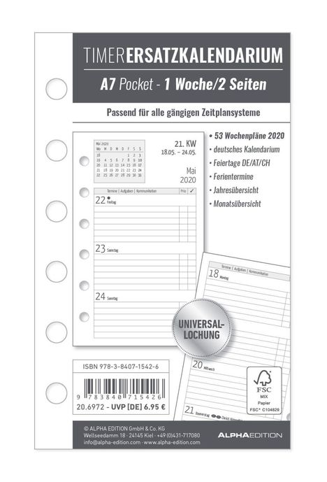 Timer Ersatzkalendarium A7 Pocket 2020, Diverse