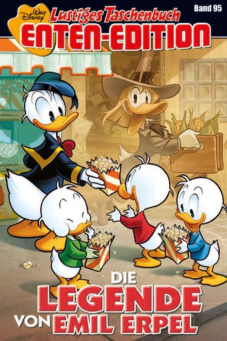 Text: "Lustiges Taschenbuch Enten-Edition Band 95 - Die Legende von Emil Erpel". Eine Comic-Szene mit Entenfiguren.