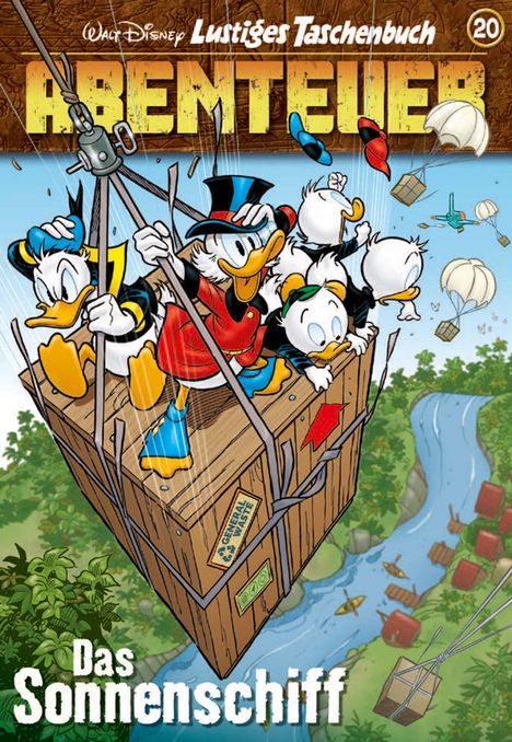 „Das Sonnenschiff“ oben, Entenfamilie in einer Kiste, die an Seilen über einen Fluss schwebt, Comic-Stil.