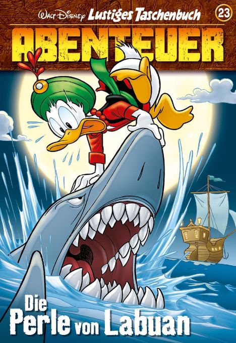 Titel: "Abenteuer", Untertitel: "Die Perle von Labuan". Illustration: Ente auf einem springenden weißen Hai, das Meer leuchtet.