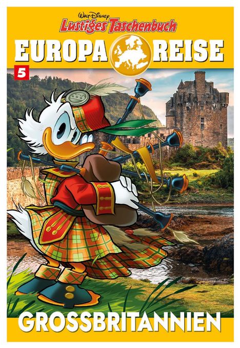 "EUROPA-REISE GROSSBRITANNIEN" steht in großen Buchstaben. Eine Comicfigur im Schottenrock spielt Dudelsack vor einer Burg.