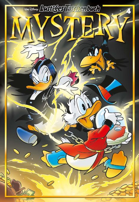 "Lustiges Taschenbuch Mystery" und "4" sind in großer Schrift zu sehen. Eine Ente in rotem Mantel hält eine Kristallkugel.