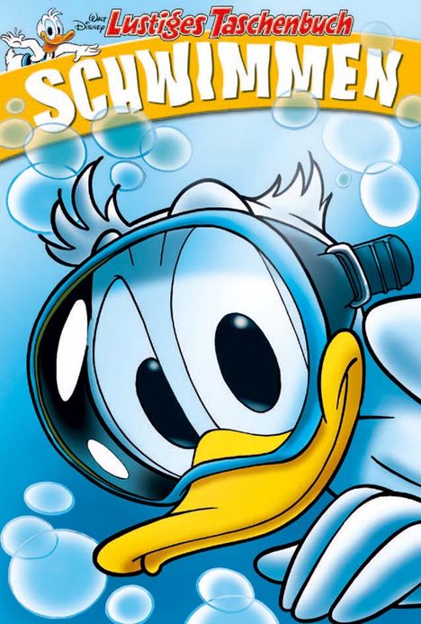 'Lustiges Taschenbuch SCHWIMMEN' in großen Buchstaben. Eine Ente mit Schnorchel, umgeben von Luftblasen. Cartoon-Stil.