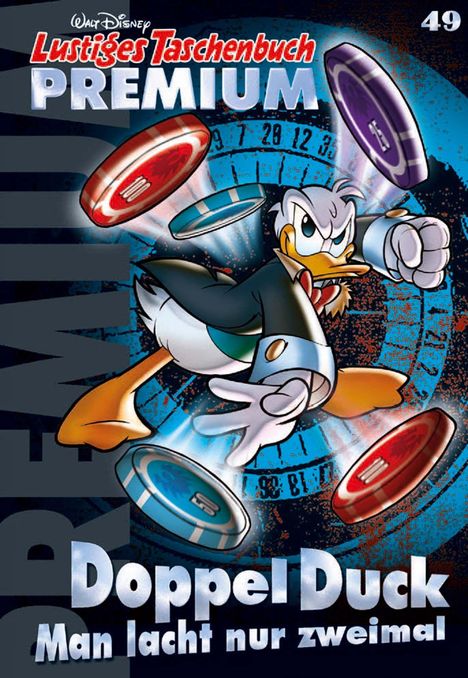 Text: "Lustiges Taschenbuch PREMIUM," "DoppelDuck," "Man lacht nur zweimal." Illustration: Humorvolle Ente mit Jetons.
