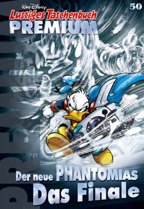 "Lustiges Taschenbuch Premium" und "Der neue Phantomias: Das Finale" mit Held in Action und Wirbelstürmen im Hintergrund.