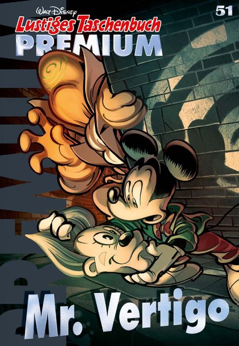 Text: "Lustiges Taschenbuch Premium", "Mr. Vertigo". Eine Comic-Illustration mit zwei Figuren in einer dramatischen Szene.