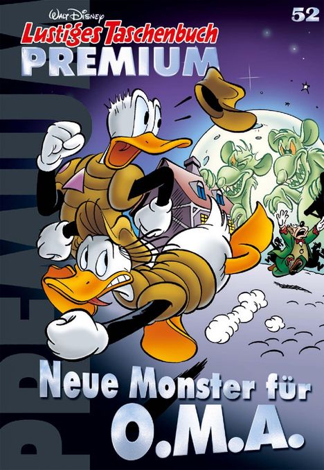 "Neue Monster für O.M.A." Eine Comic-Ente rennt erschrocken von geisterhaften Kreaturen vor einem Mond.