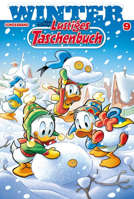 Text: "WINTER", "Lustiges Taschenbuch", "SONDERBAND", "9". Donald Duck und drei Jungenten spielen im Schnee.