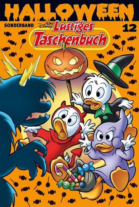 Texte: "HALLOWEEN SONDERBAND Lustiges Taschenbuch 12". Illustration: Enten in Kostümen mit Süßigkeiten und Kürbis.