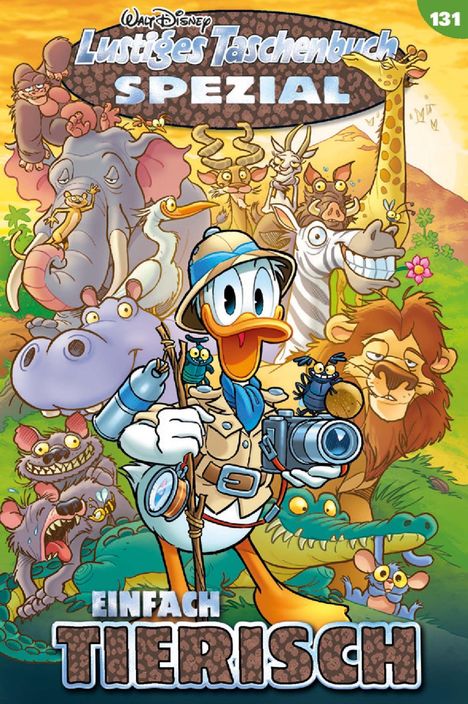 Comic-Titel „Lustiges Taschenbuch Spezial“. Donald mit Safari-Outfit und Kamera, umgeben von fröhlichen Tieren.