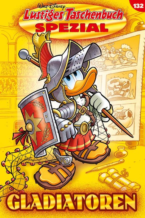 "Lustiges Taschenbuch SPEZIAL" und "GLADIATOREN" in roten/goldenen Buchstaben. Comicfigur als Gladiator in Rüstung.