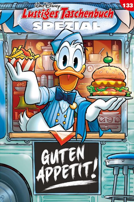 Texte: "Lustiges Taschenbuch Spezial", "Guten Appetit!" Eine fröhliche Ente in blauer Uniform präsentiert Pommes und Burger.