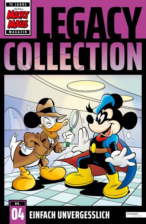 "LEGACY COLLECTION", "EINFACH UNVERGESSLICH Nr. 04". Zwei Comicfiguren, ein Detektiv und ein Superheld, stehen fröhlich zusammen.