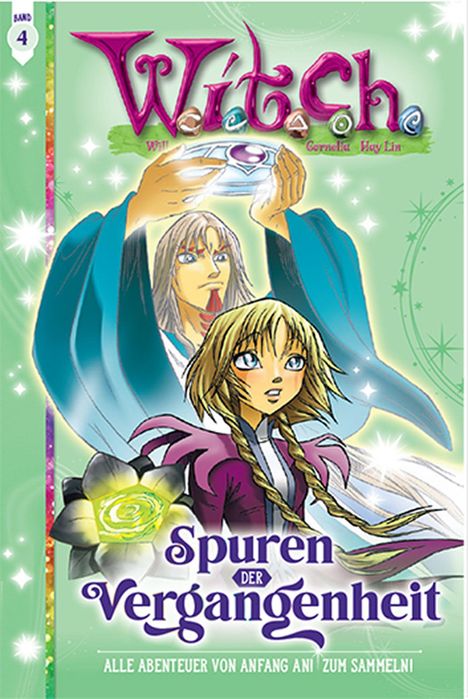 „Spuren der Vergangenheit“ steht über einer Illustration zweier Figuren. Eine hält ein leuchtendes Objekt, umgeben von Magie.