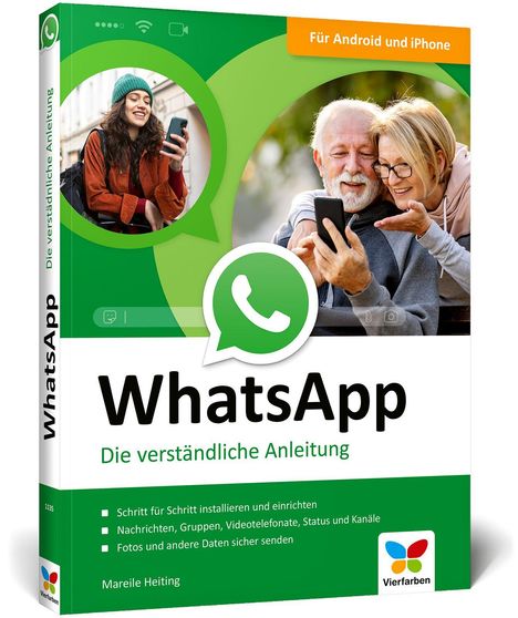„WhatsApp Die verständliche Anleitung“ steht auf einem Buchcover. Zwei Menschen lächeln beim Smartphone-Nutzen.