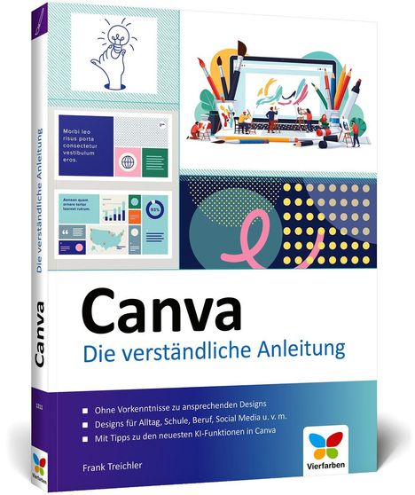 "Canva: Die verständliche Anleitung" von Frank Treichler. Bunte Illustrationen mit Laptop und Malutensilien.