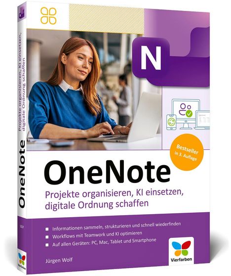 Buchcover mit Titel "OneNote: Projekte organisieren, KI einsetzen", Bild einer Frau am Laptop und Logo der Marke Vierfarben.
