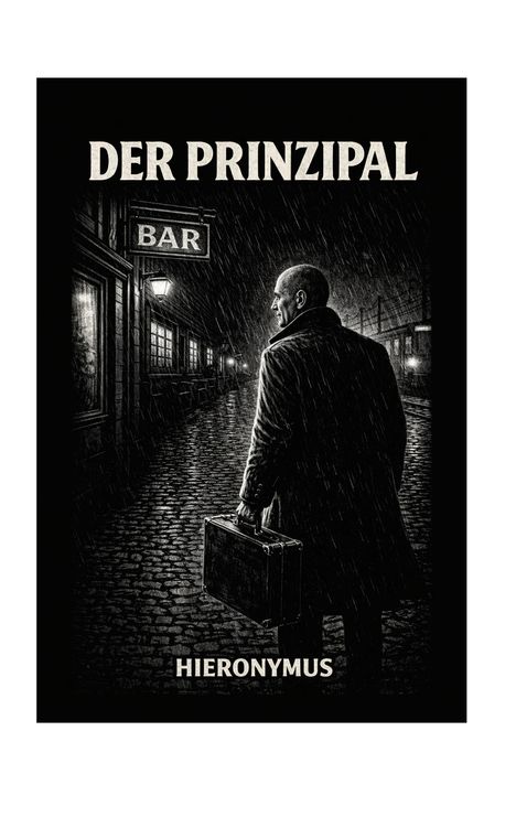 "DER PRINZIPAL", "BAR" und "HIERONYMUS". Illustration eines Mannes im Regen mit Koffer, vor Bar auf Kopfsteinpflaster.