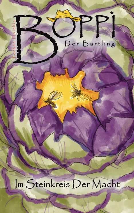 „Boppi Der Bartling“ und „Im Steinkreis Der Macht“. Illustration mit zwei Insekten auf einer großen, lila Blume.