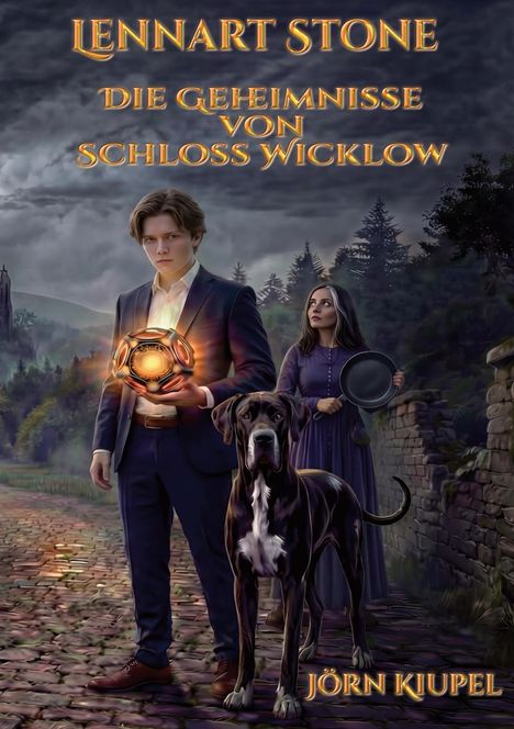 Titel: "Lennart Stone: Die Geheimnisse von Schloss Wicklow". Junge mit leuchtender Kugel, Frau mit Hut, großer Hund, düstere Landschaft.