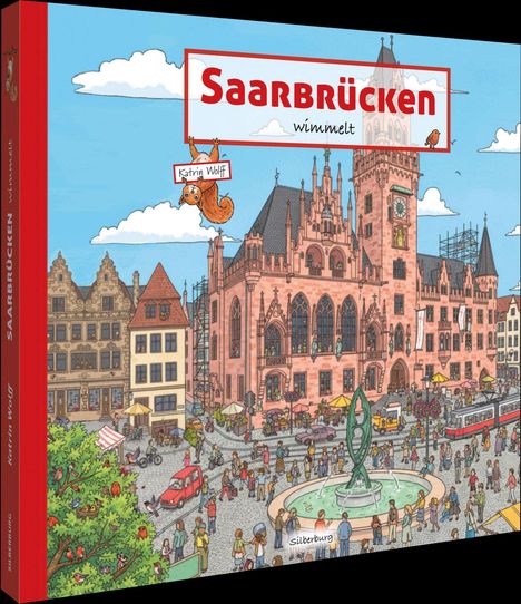 Logo: „Saarbrücken wimmelt“. Illustrative Darstellung eines belebten Platzes mit vielen Menschen und einem großen Gebäude.