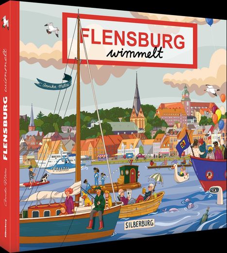 „FLENSBURG wimmelt“, Illustration mit Hafen, Booten, Menschen und Gebäuden, lebendige Stadtlandschaft.