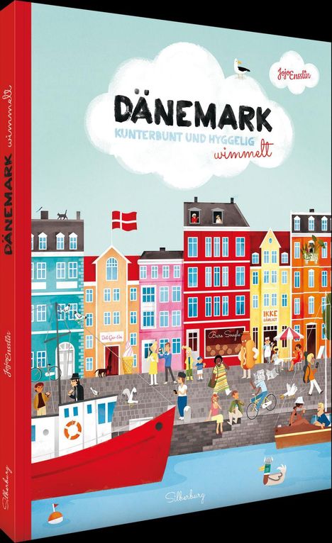 "Dänemark - Kunterbunt und hyggelig wimmelt" in einer Wolke. Bunte Häuser, Menschen, Boote und Fahrräder an einer Uferpromenade.