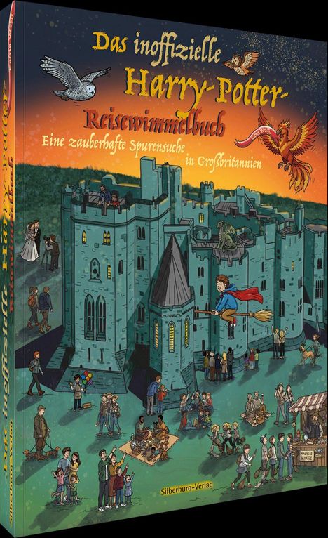 Text: Das inoffizielle Harry-Potter-Reisewimmelbuch. Eine zauberhafte Spurensuche in Großbritannien. Silberburg-Verlag. 
Illustration: Fantasievolle Burgszene mit Figuren und Tierwesen.