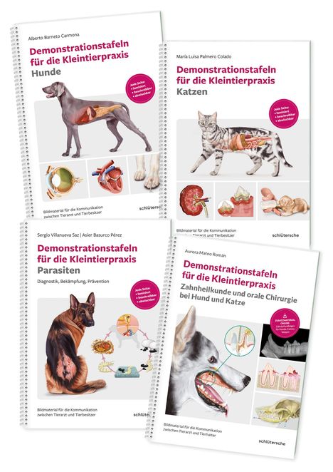 Vier Bücher mit Spiralbindung. Titel: Demonstrationstafeln für die Kleintierpraxis, zu Hunden, Katzen, Parasiten und Zahnheilkunde.
