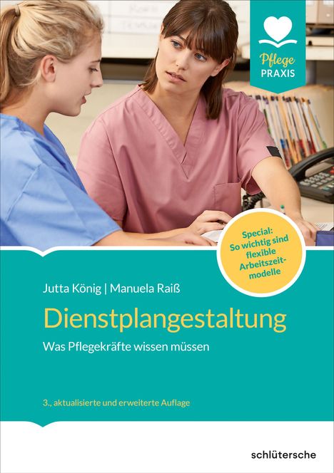 „Dienstplangestaltung“, Pflege-Praxis-Logo, zwei Pflegerinnen, eine in blau, eine in rosa, am Tisch sitzend.