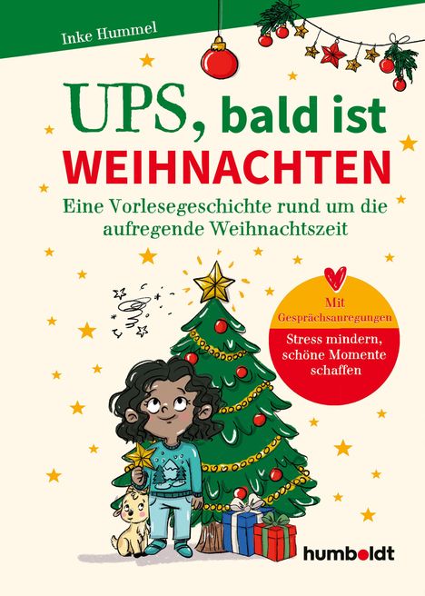 „UPS, bald ist WEIHNACHTEN“ steht oben. Illustration: Kind mit Stern vor Weihnachtsbaum, Geschenke und Hund daneben.
