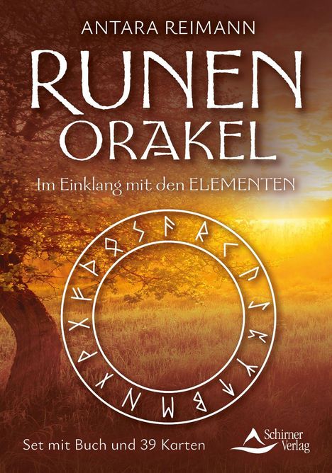 „ANTARA REIMANN, RUNEN ORAKEL, Im Einklang mit den ELEMENTEN. Set mit Buch und 39 Karten.“ Im Hintergrund Sonnenuntergang.