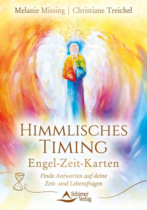 "Himmlisches Timing: Engel-Zeit-Karten. Bunte Engelsillustration mit einer sanduhrförmigen Verzierung unten."