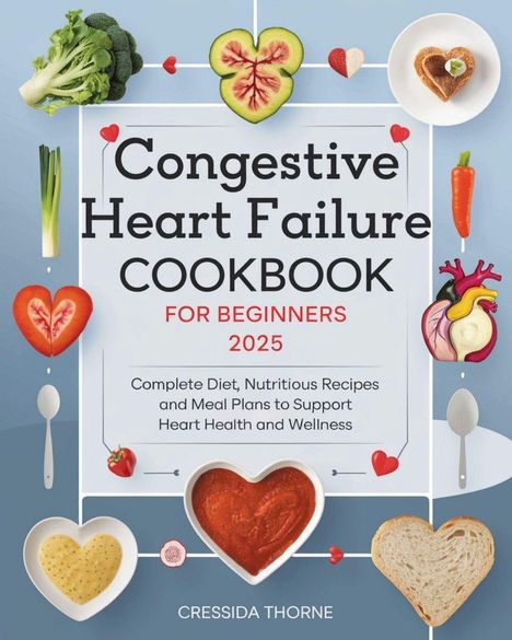 "Congestive Heart Failure Cookbook for Beginners 2025". Herzformen und gesunde Lebensmittel wie Gemüse und Brot.