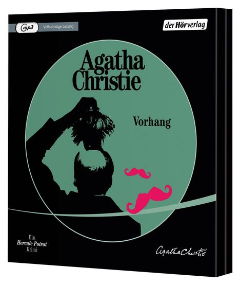 "Agatha Christie", "Vorhang", "Ein Hercule Poirot Krimi". Silhouette eines Mannes mit Hut, pinkes Schnurrbart-Design.