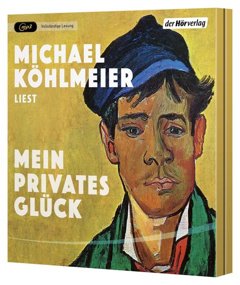 "Michael Köhlmeier liest: Mein privates Glück." Illustration eines jungen Mannes, farbenfroher Stil. "der Hörverlag" Logo.