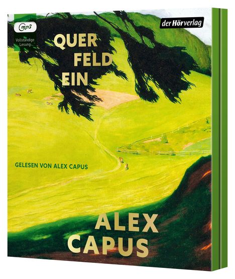 „Querfeldein“, „Gelesen von Alex Capus“, „Alex Capus“. Illustration einer grünen Landschaft mit Bäumen.