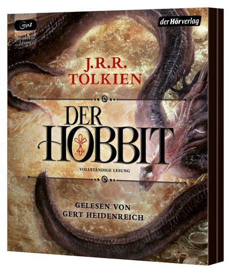 Text: "J.R.R. Tolkien, Der Hobbit, vollständige Lesung, gelesen von Gert Heidenreich." Drache über einem goldenen Hintergrund.