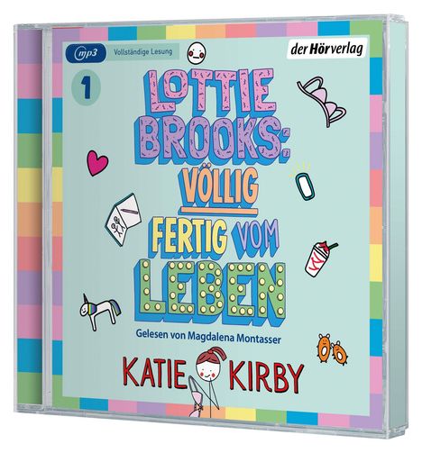 Audio-CD-Cover "Lottie Brooks: Völlig fertig vom Leben". Bunte Symbole, wie Herz, Handy, Büstenhalter.