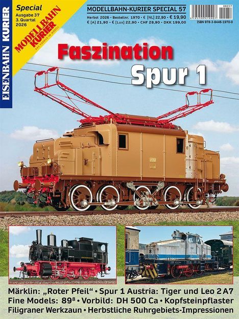 „Faszination Spur 1“, Modelleisenbahnen. Oben ein roter Schriftzug, darunter ein großes Foto einer Lokomotive.