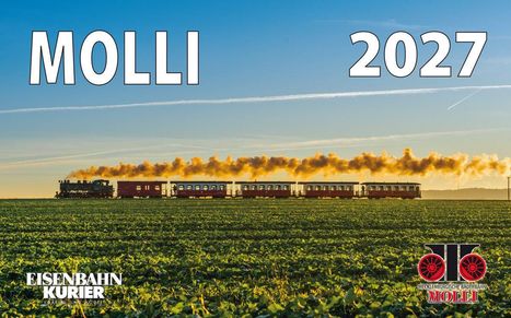 Text: "MOLLI 2027". Eine Dampflokomotive zieht Wagen durch ein grünes Feld unter einem klaren Himmel. Logo unten rechts.