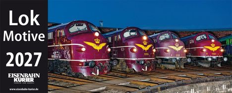 Links Text: "Lok Motive 2027", darunter "Eisenbahn Kurier". Rechts vier rot-braune Lokomotiven mit gelbem Logo.