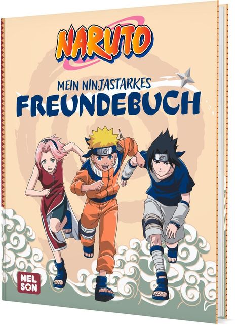 "NARUTO. Mein ninjastarkes Freundebuch." Drei animierte Figuren rennen nach vorne auf stilisierten Wolken.