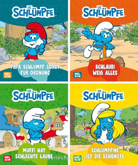 "PAPA SCHLUMPF SORGT FÜR ORDNUNG", "SCHLAUBI WEIß ALLES", "MUFFI HAT SCHLECHTE LAUNE", "SCHLUMPFINA IST DIE SCHÖNSTE". Comicszenen.